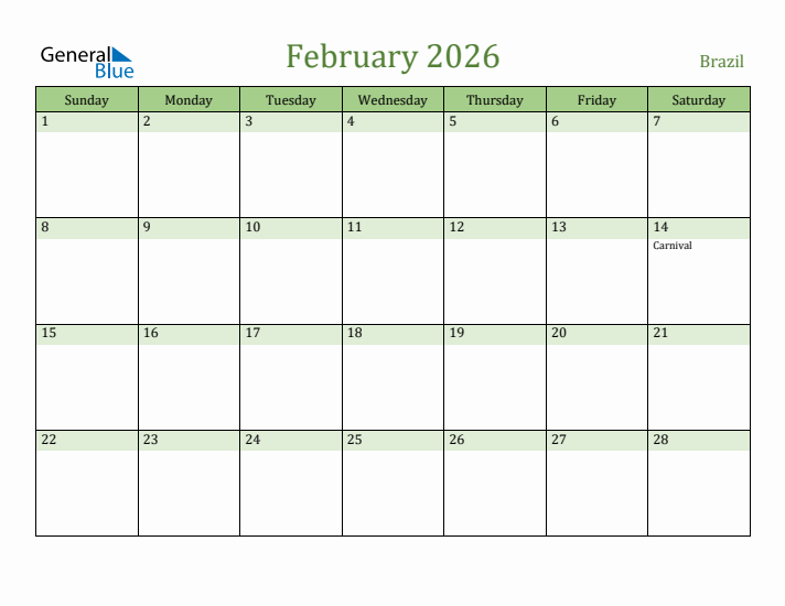 February 2026 Calendar with Brazil Holidays