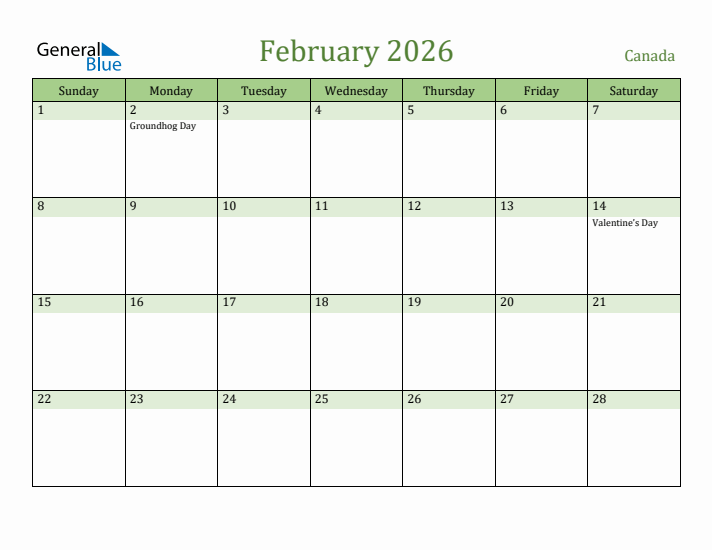 February 2026 Calendar with Canada Holidays