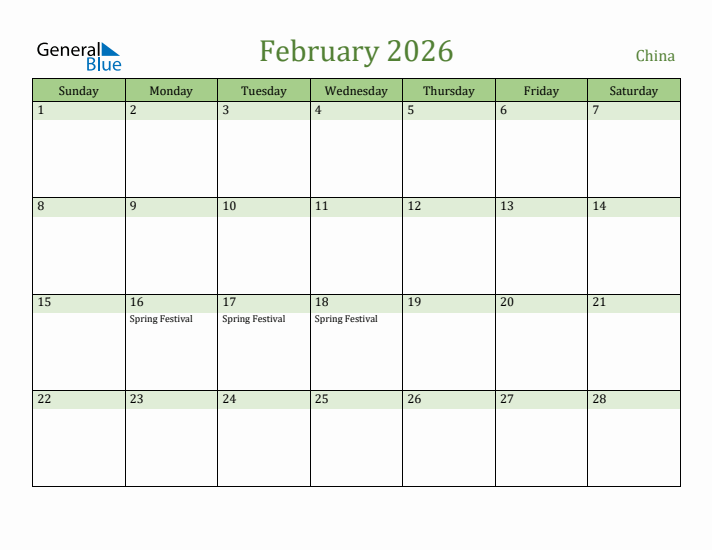February 2026 Calendar with China Holidays