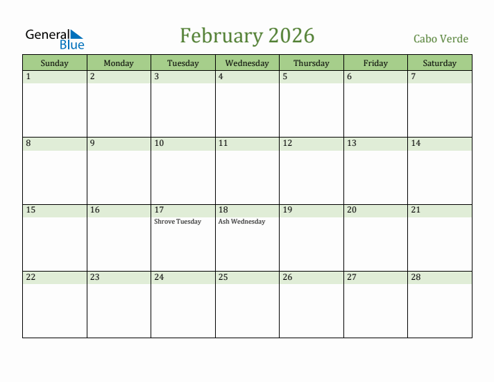 February 2026 Calendar with Cabo Verde Holidays