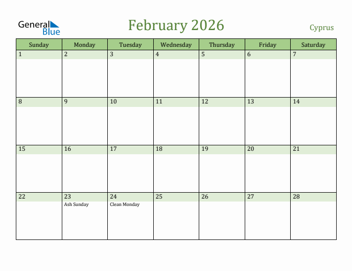 February 2026 Calendar with Cyprus Holidays