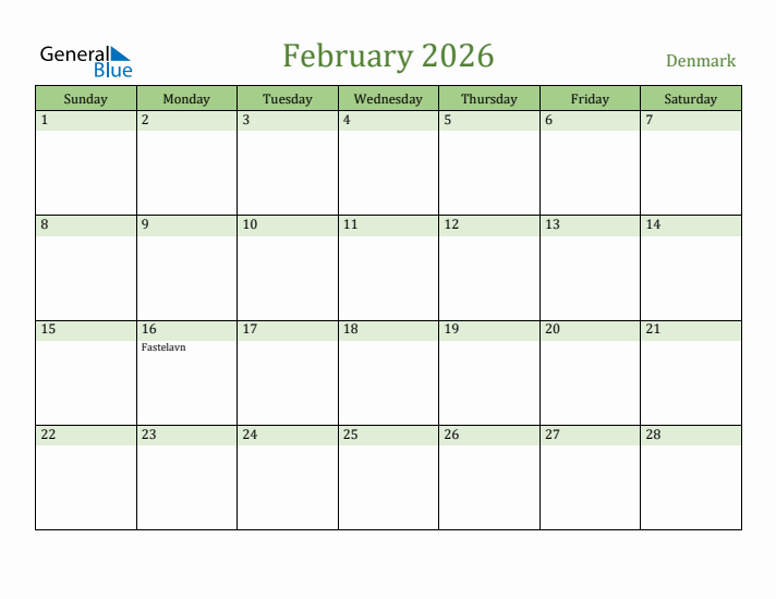 February 2026 Calendar with Denmark Holidays