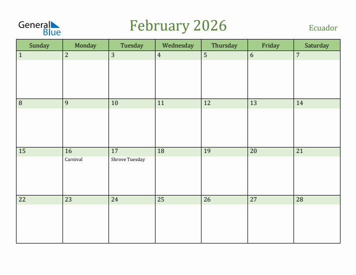 February 2026 Calendar with Ecuador Holidays