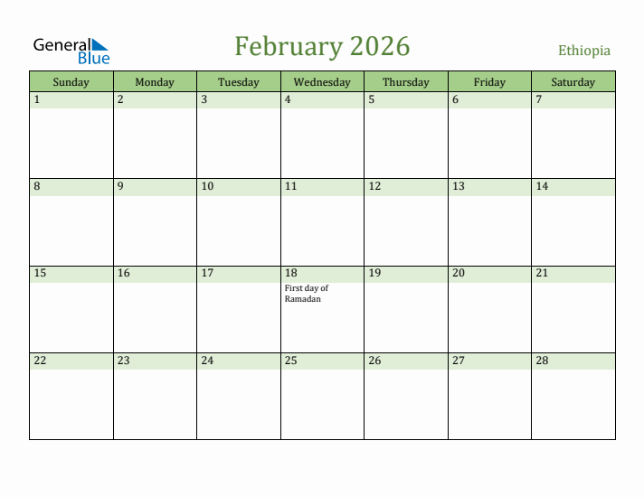 February 2026 Calendar with Ethiopia Holidays