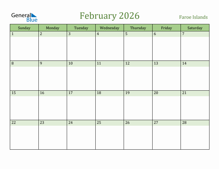 February 2026 Calendar with Faroe Islands Holidays