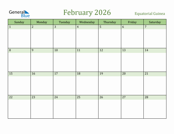 February 2026 Calendar with Equatorial Guinea Holidays