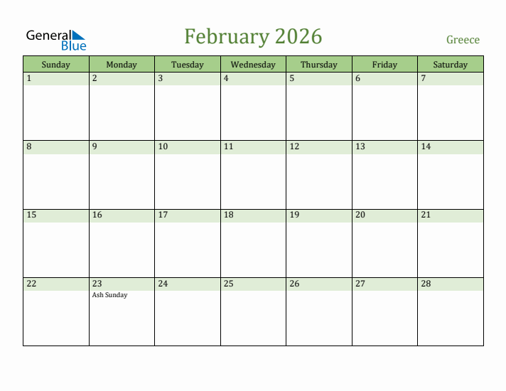 February 2026 Calendar with Greece Holidays