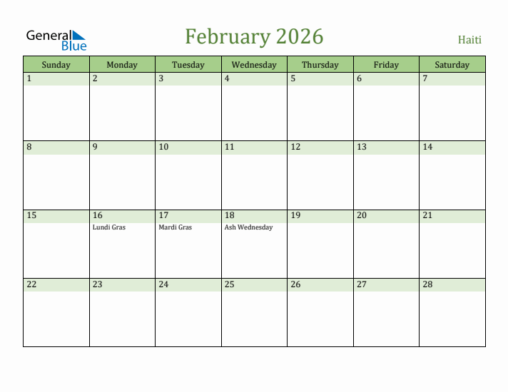 February 2026 Calendar with Haiti Holidays