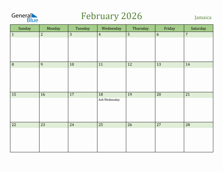 February 2026 Calendar with Jamaica Holidays