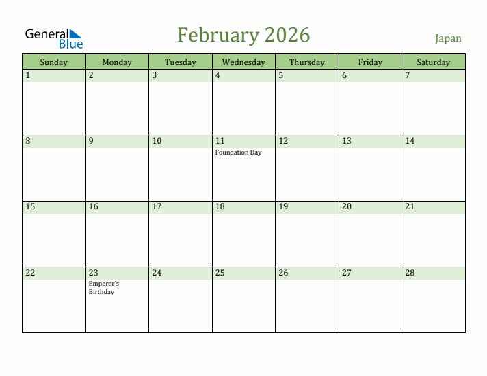February 2026 Calendar with Japan Holidays