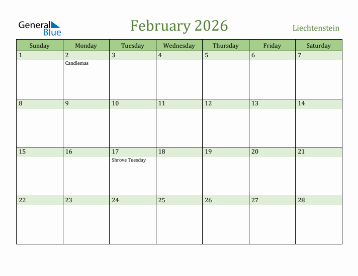 February 2026 Calendar with Liechtenstein Holidays