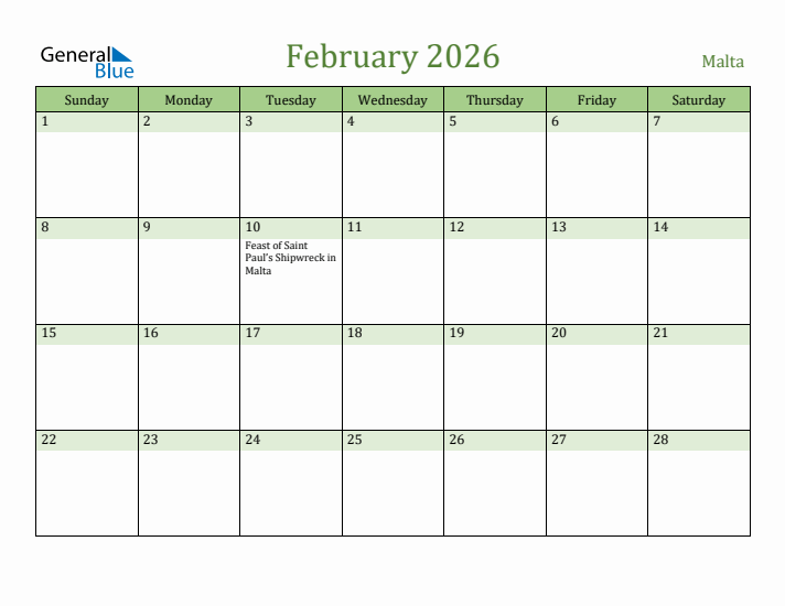February 2026 Calendar with Malta Holidays