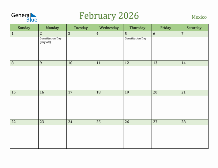 February 2026 Calendar with Mexico Holidays