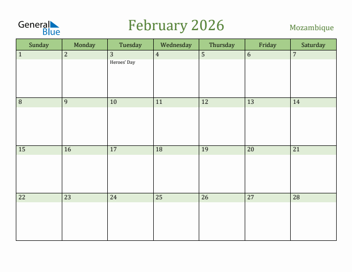 February 2026 Calendar with Mozambique Holidays