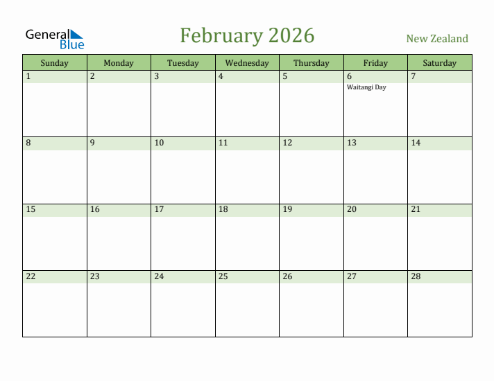 February 2026 Calendar with New Zealand Holidays