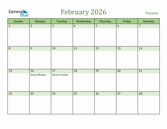 February 2026 Calendar with Panama Holidays