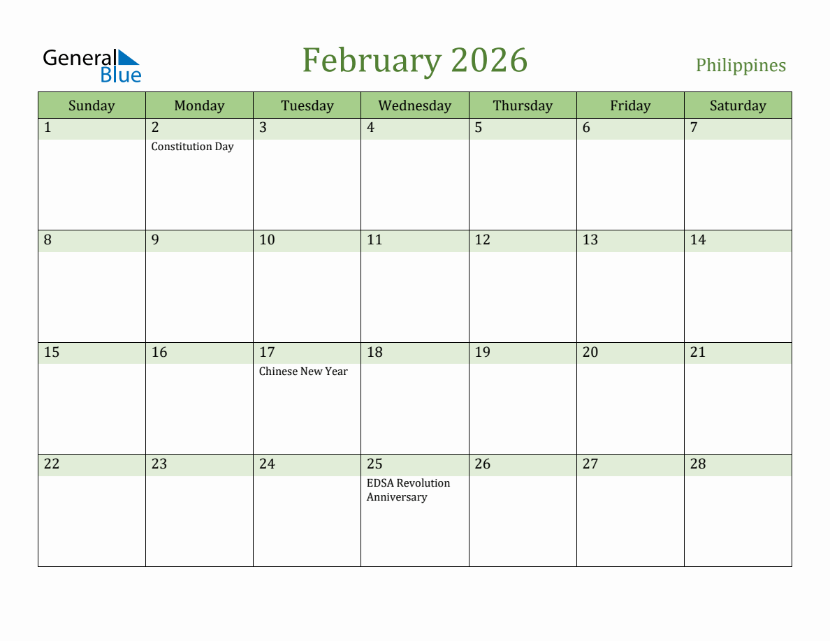 Fillable Holiday Calendar for Philippines - February 2026