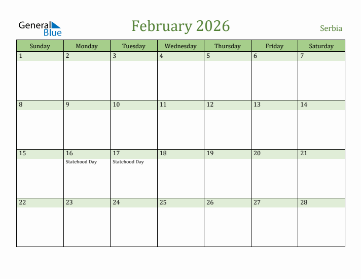 February 2026 Calendar with Serbia Holidays