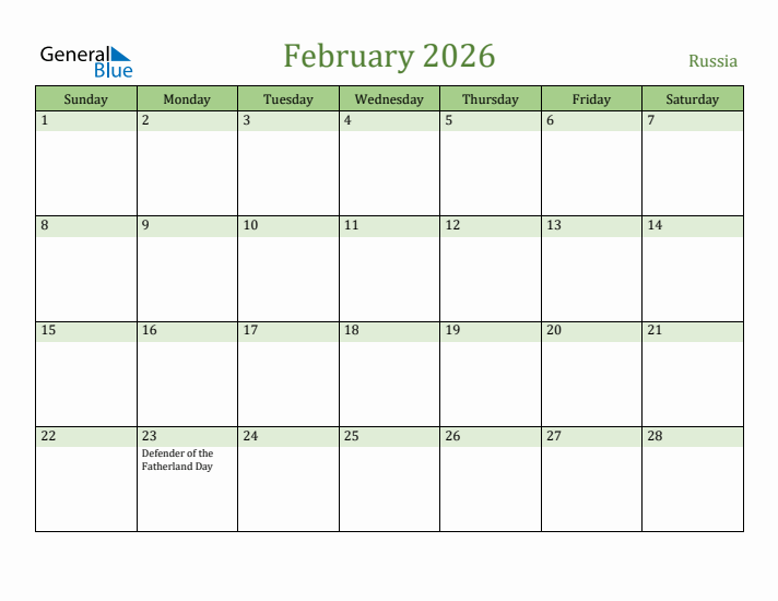 February 2026 Calendar with Russia Holidays