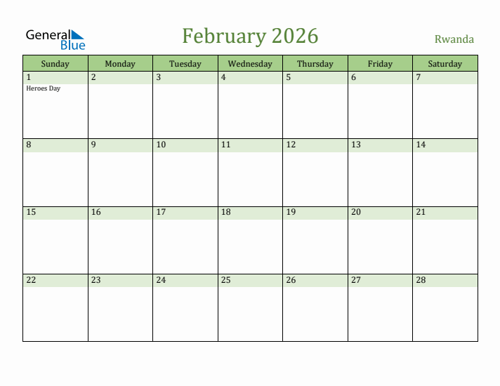 February 2026 Calendar with Rwanda Holidays