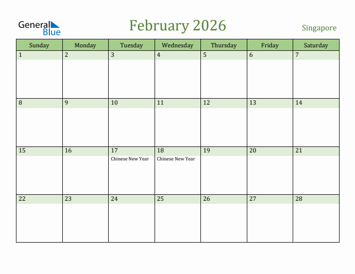 February 2026 Calendar with Singapore Holidays