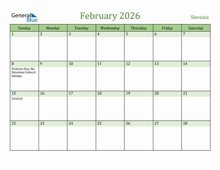 February 2026 Calendar with Slovenia Holidays
