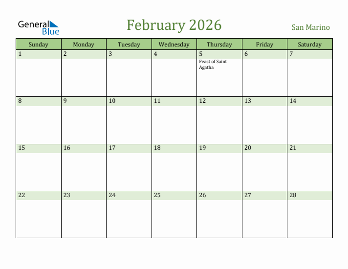 February 2026 Calendar with San Marino Holidays