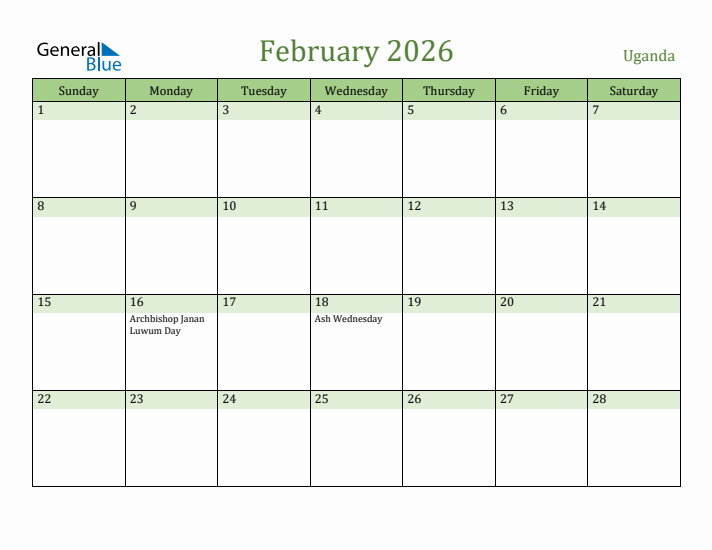 February 2026 Calendar with Uganda Holidays