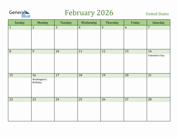 February 2026 Calendar with United States Holidays