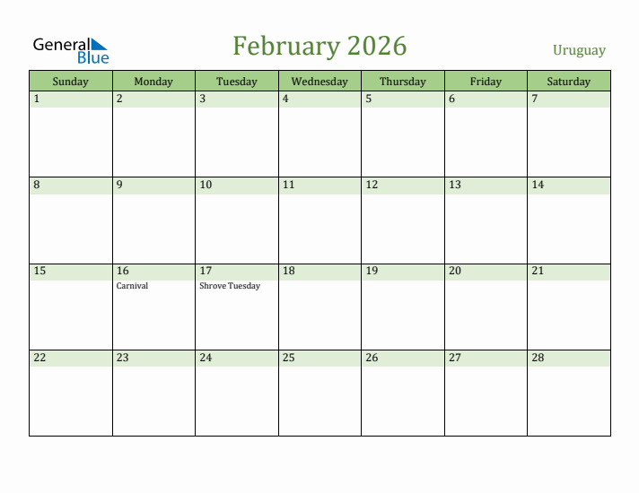 February 2026 Calendar with Uruguay Holidays