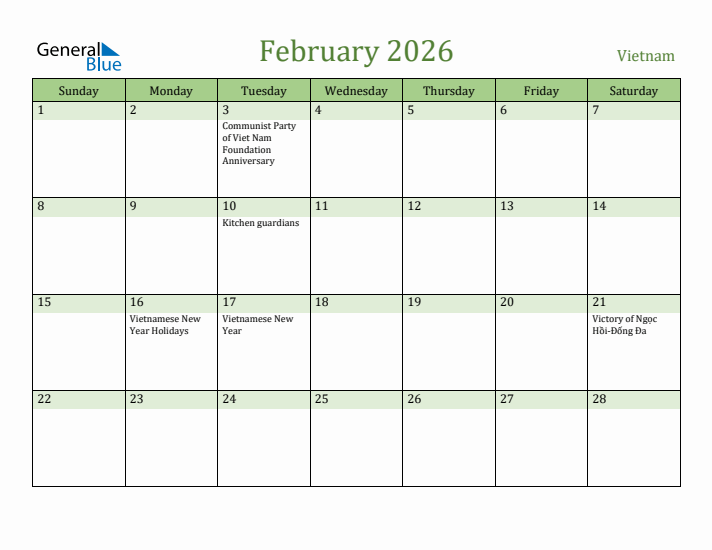 February 2026 Calendar with Vietnam Holidays