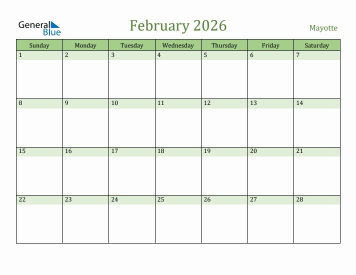 February 2026 Calendar with Mayotte Holidays