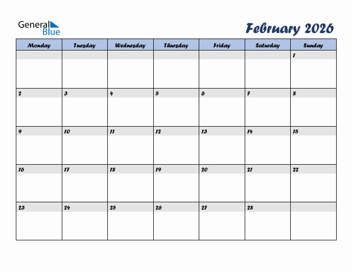 February 2026 Blue Calendar (Monday Start)