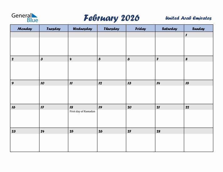 February 2026 Calendar with Holidays in United Arab Emirates
