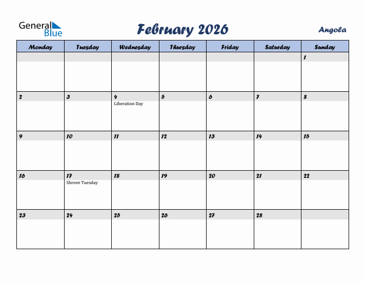 February 2026 Calendar with Holidays in Angola
