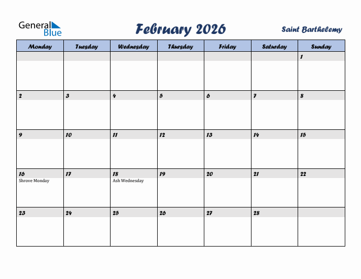February 2026 Calendar with Holidays in Saint Barthelemy