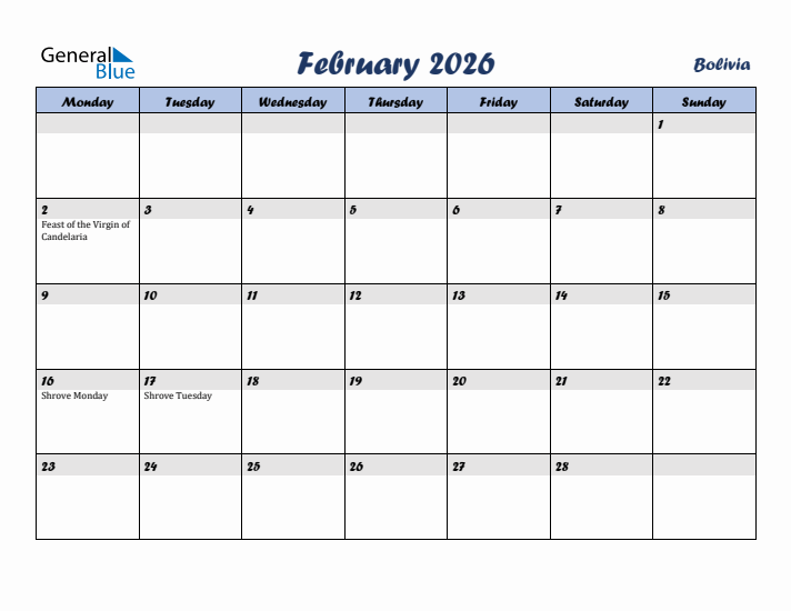 February 2026 Calendar with Holidays in Bolivia