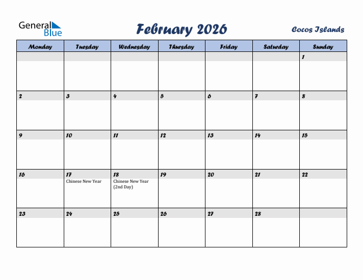 February 2026 Calendar with Holidays in Cocos Islands