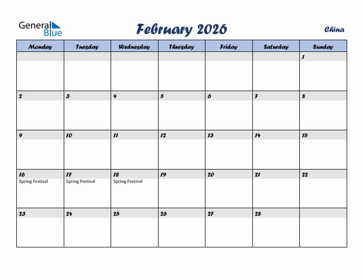 February 2026 Calendar with Holidays in China