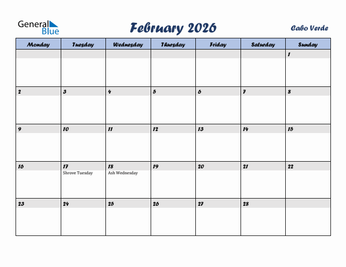 February 2026 Calendar with Holidays in Cabo Verde
