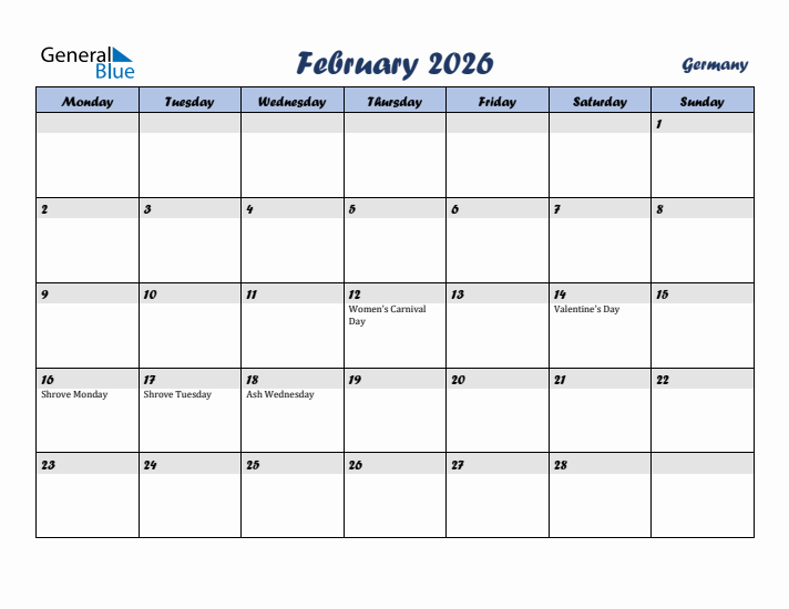 February 2026 Calendar with Holidays in Germany