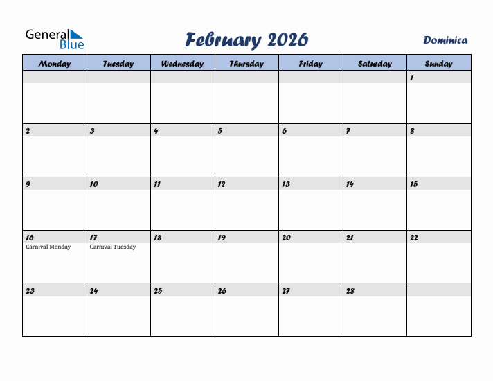 February 2026 Calendar with Holidays in Dominica