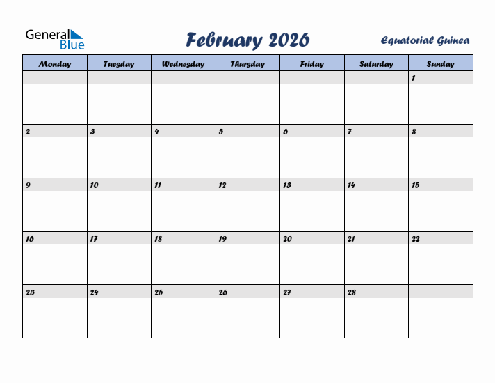 February 2026 Calendar with Holidays in Equatorial Guinea