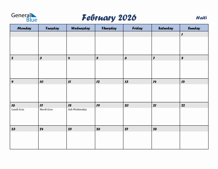 February 2026 Calendar with Holidays in Haiti