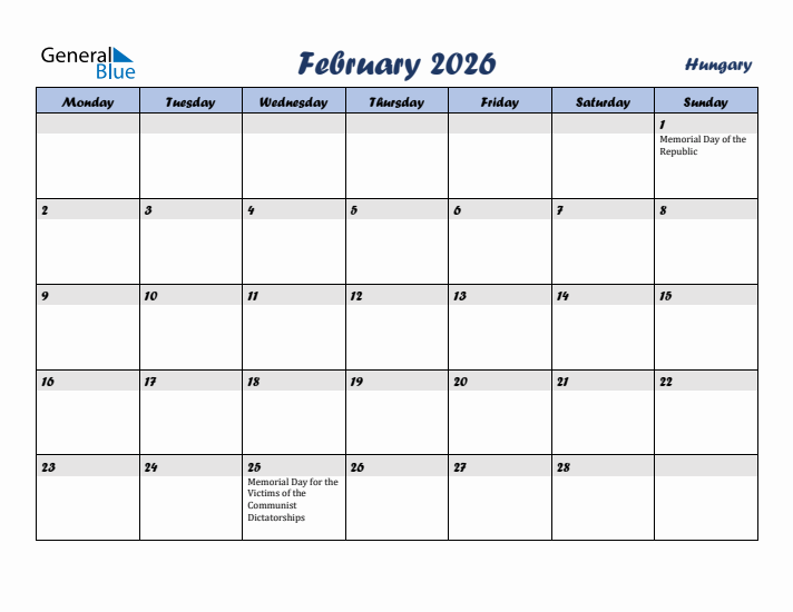 February 2026 Calendar with Holidays in Hungary