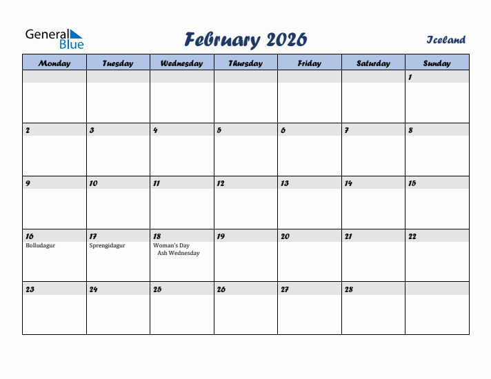 February 2026 Calendar with Holidays in Iceland