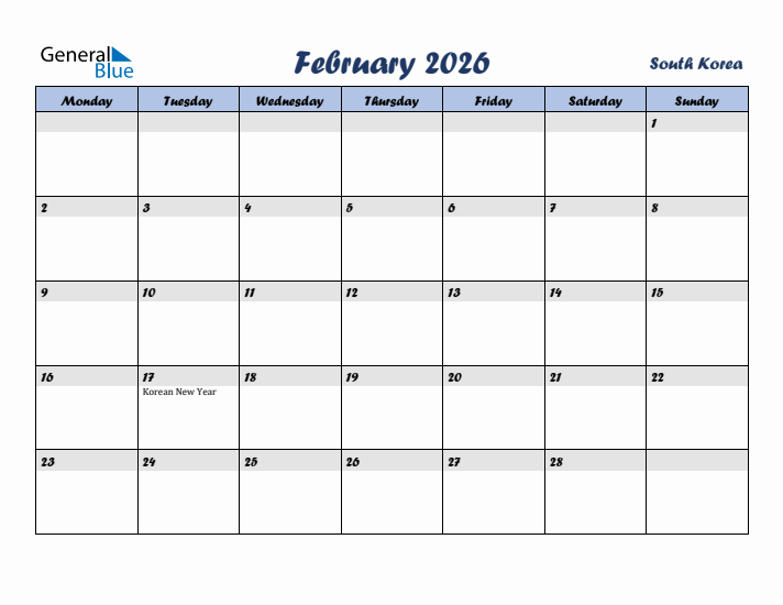 February 2026 Calendar with Holidays in South Korea