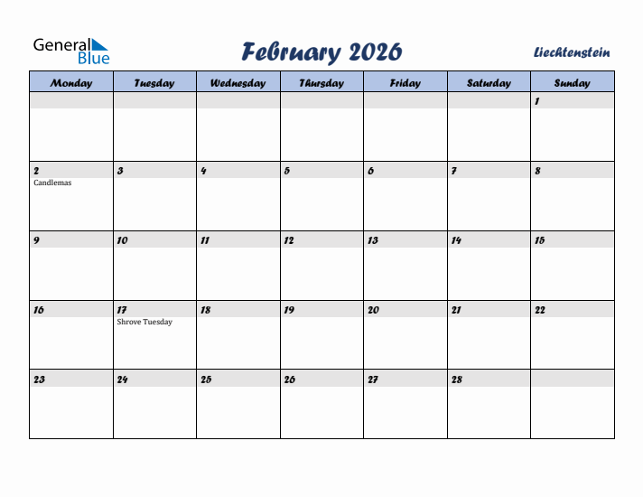 February 2026 Calendar with Holidays in Liechtenstein