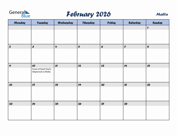 February 2026 Calendar with Holidays in Malta