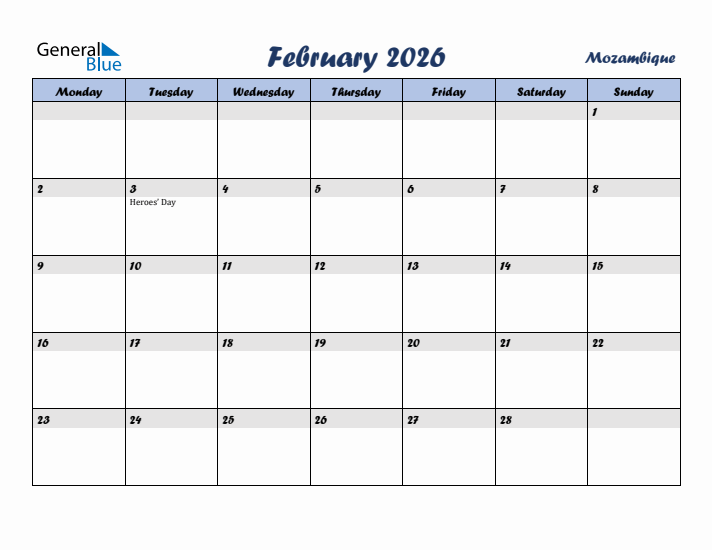 February 2026 Calendar with Holidays in Mozambique